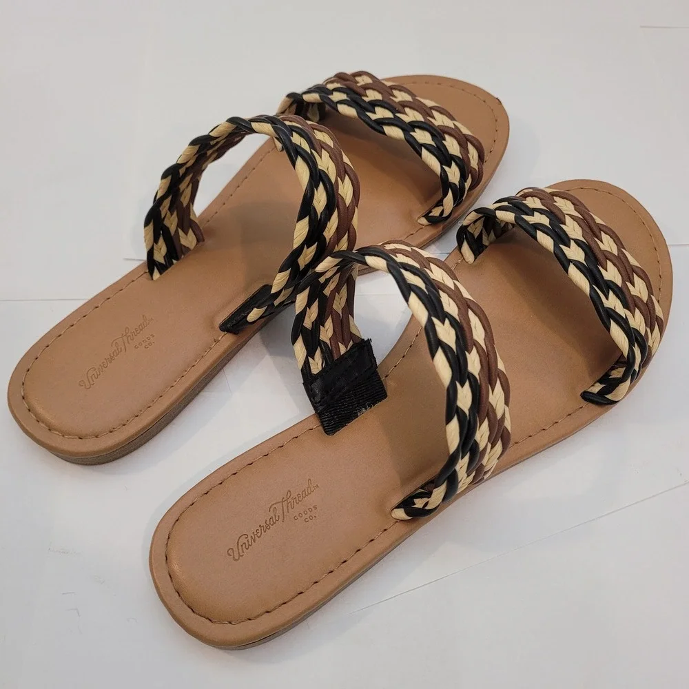 Universal Thread‎ Slide Sandals Women 8.5 Braided Straps Brown Tan Woven Flat
